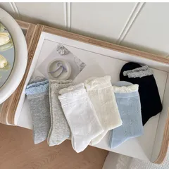 【6足セット】春夏用 薄手くしゅくしゅソックス🧦リボン＆レース付き♡中筒丈