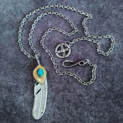 ダブルフェザー ターコイズ ネックレス メンズ インディアンジュエリー アメカジ ナバホ族 イーグル  チェーン  ホイール