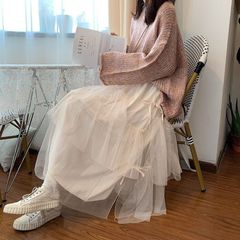 【新品】フェミニン♡チュールリボンレーススカート レディース 韓国 韓国ファッション スカート チュールスカート ティアード スカート フレアスカート リボン ボリューム ハイウエスト Aライン ロングスカート マキシ丈 春 白 アイボリー M　B0316