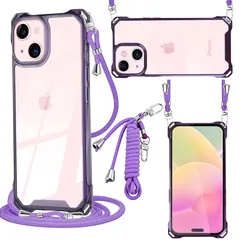 iPhone 15 ケース クリア PC ショルダー 軽量 耐衝撃 カバー アイフォン15 ケース 透明 薄型 軽量 PC背面 + TPUバンパー 二層構造 携帯ケース 首掛け 肩掛け 斜めかけ 縄掛けケース ストラップ付き 1.5M 取り外し可能 縦/横