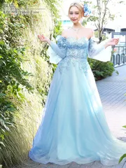 ブルー [AR24101-W-2410]【Angel R/エンジェルアール】ベア/ 長袖/ 袖/ フレアスリーブ/ フラワー刺繍/ ウェディング/ バースデー/ プリンセス/ フレア/ ロングドレス/ キャバドレス / ナイトドレス