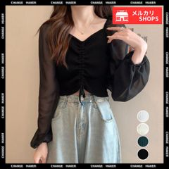 ニットトップス ドローストリング 韓国風 シフォン袖×リブニット フェミニン ドッキングニット 袖切り替え ニットブラウス 袖透け感 レディース ショート丈 お洒落 カジュアル ニット 着やせ Vネック ニットソー きれいめ ふんわり 85YN-900514