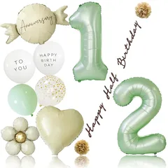 【新品】 deerzon ハーフバースデー 飾り ハーフ くすみカラー 数字 バルーン 誕生日 飾り付け 風船 13点 セット 男の子 女の子 数字バルーン くすみグリーン 1/2 0