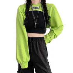 【人気商品】長袖 プルオーバー 春 女性用 トレーナー 夏 フード付き ショート丈パーカー ジャズ 秋服 hiphop 薄手 トップス+タンクトップ ダンス衣装 ヒップホップ レディース 2点セット へそ出しパーカー [DONLAONE]