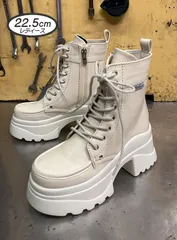 ☆新品未使用☆ 22.5cm ヨースケ YOSUKE 厚底ブーツ レディース アイボリー 厚底レースアップシューズ 編み上げブーツ ショートブーツ 約7cm MY508-631