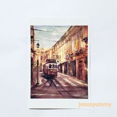 ｢紅いトラムの走る街｣ Yumi Kohnoura作 オリジナル・ポストカード リスボン 風景 絵はがき