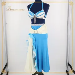 ベリーダンス オリエンタル 衣装 上下セット ブルー系 水色 ホワイト系 白 クリーム色 ラインストーン ラメ 装飾 レース 発表会 イベント コスチューム かわいい フリル スリット アクセサリー付き ダンス衣装 発表会用