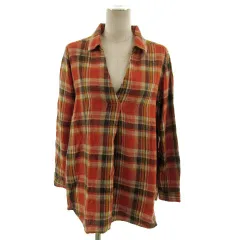 メルローズ MELROSE Claire シャツ 長袖 スキッパーカラー プルオーバー リネン100％ チェック オレンジ系 イエロー 黄色 ブラウン 茶のサムネイル