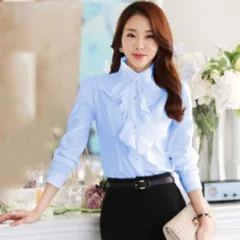 ☆ ライトブルー ☆ Lサイズ ☆ ブラウス 長袖 おしゃれ  ブラウス 長袖 フリル レディース シャツ フォーマル ビジネス おしゃれ きれいめ フリルブラウス 入学式 入園式 卒園式 卒業式 立ち襟 スタンドカラー オフィス 仕事 上品 華やか