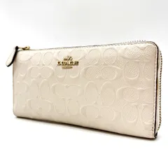 ✨良品✨ COACH コーチ 長財布 ラウンドファスナー ロングウォレット エンボス加工 馬車金具 シグネチャー 総柄 ロゴ型押し ゴールド金具 カードケース 定期入れ 小銭入れ PVCレザー レディース ホワイト 白色