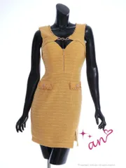 イエロー [AOC3612-RBL-2402] 【an/アン】フロントジッパー/ チェーン/ ツイード/ ノースリーブ/ タイト/ ミニドレス/ キャバドレス/ ワンピース