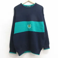 L/古着 長袖 セーター メンズ 90s 刺繍 ツートンカラー ウール クルーネック 紺他 ネイビー 25jan11 中古 ニット トップス