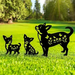 【新品】 MrMrKura ガーデニング 置物 犬 アイアン 3点セット ガーデンオブジェ チワワ シルエット プレート 動物 彫刻 ガーデン 飾り ガーデンピック ガーデニング雑貨 オーナメント 0