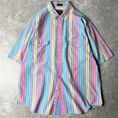 80s 黒タグ Eddie Bauer マルチカラー ストライプ 半袖 コットン シャツ XL / 80年代 ビンテージ エディーバウアー マルチストライプ