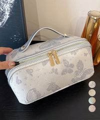  刺しゅう入りメイクポーチ横型コスメバッグ 小物入れバッグ上品 仕切り収納 大きめ 高級感コスメケース