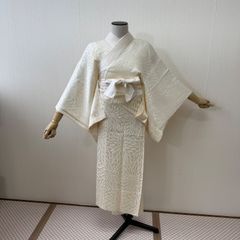スモールサイズ中古品袷長襦袢 白 紗綾形に菊の地紋 半衿なし広襟