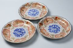 812 色絵　金彩　花　菊　鳳凰　古伊万里　伊万里焼　骨董　アンティーク　中皿　7寸皿　3客セット
