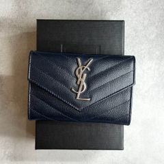 【美品/付属品完備】 YSL SAINT LAURENT サンローラン / スモールエンベロープウォレット 二つ折り財布 キャビアスキン ネイビー 414404