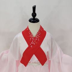 【新品　お振袖用長襦袢　朱赤刺繍半衿　お仕立てセット　衿芯つき】