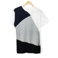 ザショップティーケー THE SHOP TK Tシャツ カットソー ニット プルオーバー クルーネック 切替 バイカラー 総柄 半袖 L 白 紺 ホワイト ネイビー