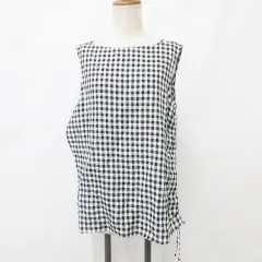 マカフィー MACPHEE トゥモローランド ブラウス シャツ ノースリーブ 丸首 ギャザー リネン チェック柄 黒 白 ブラック ホワイト 38