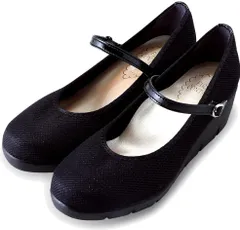 パンプス レディース 痛くない ストラップ 歩きやすい ヒール 黒 靴 ウエッジ ソール 美脚 厚底 ラウンドトゥ 仕事 nc39605 ブラック 22.5cm