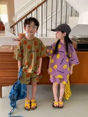 セットアップ キッズ 兄妹お揃い コーデ兄妹服 姉弟服 韓国子供服 セットアップ 半袖 夏 男の子 女の子カジュアル 上下セット ユニセックス リゾート キッズ こども 可愛い きれ min#
