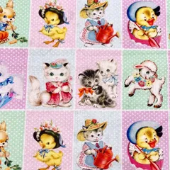 ファブリック　生地　猫　パネル柄　アニマル　ヴィンテージ風　シーチング　コットン　ハンドメイド　レトロポップ　袋物　レッスンバッグ　バザー　など