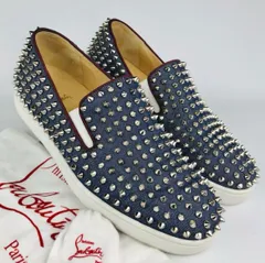 Christian Louboutin★クリスチャン ルブタン・ROLLER BOAT メンズ レザー デニム地 スパイクスタッズ スリッポン スニーカー (41) 靴 デニム地 ネイビー ブルー