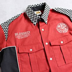 【SPEED ZONE】モーターサイクル ワークシャツ チェッカー柄切り替え ボタンダウン Sサイズ アメリカ古着 BLESSED GARMENT