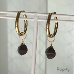 サージカルステンレス 楕円型フープピアス ☆2way天然石スモーキークォーツ付き