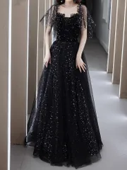 パーティー　ロング丈　☆半袖☆　シースルー　ドレス　ワンピース【0916】