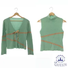 ☆美品☆ LAGERFELD ラガーフェルド アンサンブル セットアップ ニット ハイネック ノースリーブ カーディガン 長袖 Ｖネック リボン付き おしゃれ レディース グリーン 日本製 901-11532 送料無料 古着