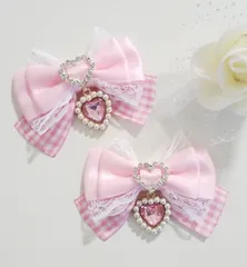 ヘアクリップリボン ピンク ギンガムチェック 量産型 ハート 地雷 ロリィタ ロリータ ゴスロリ アイドル サブカル 天使界隈 推し 姫系 イベント ヘアメ