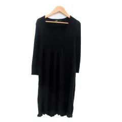 レイビームス Ray Beams ニットワンピース ラウンドネック 七分袖 ひざ丈 ウール混 黒 ブラック /HO23