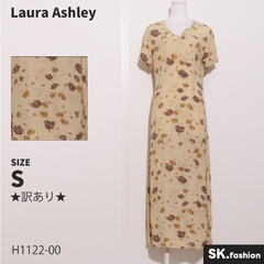 ★訳あり★ Laura Ashley ローラアシュレイ ワンピース　ロング丈　半袖　花柄　後ろジップ　クラシカル 　ベージュ　 【H1122-00】 送料無料　古着　レディース