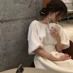 ワンピース パフスリーブバルーンスリーブ　 ハイウエスト タック ドレス