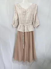 ◇ ⊂ パンプキンポート チェック チュール 五分袖 膝下丈 ドッキング ワンピース サイズM ベージュ系 マルチ レディース E  【1507100014955】