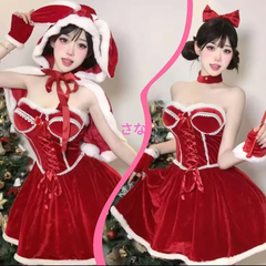 【新品】2024新作♥髪飾り付　高品質　ベロア生地　セクシー姫ドレスサンタ　パーティー　イベント　コスチューム　プレゼント　胸パッド入り　可愛い　グリーン　レッド　撮影会　誘惑　聖夜　ロリータ　サンタクロース　クリスマス　バレンタインランジェリー