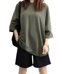 【最短発送】チュニック トップス カットソー 長め丈 クルーネック ボリューム袖 テールカット シンプル ロンT ゆったり オーバーサイズ 体型カバー 五分袖 大人 ビッグTシャツ カジュアル [UMIYI] プルーオーバー