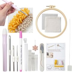 【特価セール】DIY 初心者用 子供用 大人用 刺しゅうペンセット 調整可能な厚手のラグ糸 手芸用 パンチニードルクロス 針糸通し器 パンチニードル刺繍ペン 20点セット パンチニードル刺繍キット