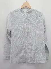 ◇ Θ GLOBAL WORK グローバルワーク ストライプ バンドカラー 長袖 シャツ サイズM ホワイト ライトブルー系 メンズ E  【1411070016508】