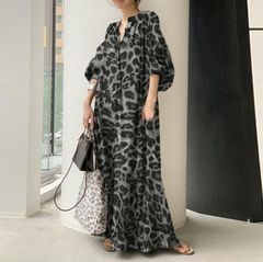 ロングワンピース レディース マキシ丈 ワンピース 春 夏 秋 ゆったり 半袖ワンピース Vネック ヒョウ柄 わんぴーす 体型カバー ファッション ドレス ワンピ マキシワンピース マキシ ロング 大きいサイズ