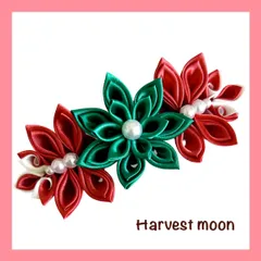 【ハンドメイド】032   髪飾り　バレッタ　リボン　緑×朱色