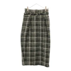 ミラオーウェン 09WFS201017 チェック柄 ミモレ丈 ツイード スカート 0 グリーン×ホワイト Mila Owen 裏地付き ウエストベルト付き レディース