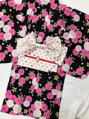«花ラブリ»KY453BK　新品　女の子　ゆかた　子供浴衣　キッズ浴衣　おはしょり済　黒　ブラック　ピンク　白　和装　和風　和柄