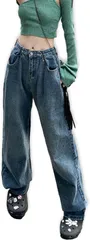 kanaelun デニム レディース ズボン ボトムス パンツ ジーパン ジーンズ Gパン バギー タック ワイドパンツ( ネイビー,  XL)
