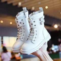 ☆ オフホワイト ☆ 34(21cm) ☆ キッズ ブーツ pkboots1201 キッズ ブーツ 女の子 マーティンブーツ ショートブーツ ショート ショート丈 レースアップブーツ ハーフブーツ 子供ブーツ ひも 紐 ベルト 編み上げ ローヒール