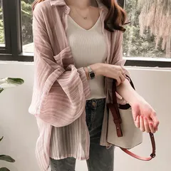 春夏 シフォンシアーシャツ 羽織り 薄手 ストライプ柄 ブラウス 大きいサイズ パフスリーブ UV対策 オフィスカジュアル おしゃれ 着やせ OL