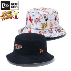 신품 NEWERA 뉴에라 STREET FIGHTER II 스트리트 파이터 II 콜라보 버킷 모자 바케하 모자 모자 리버시블 로고 자수 캐릭터 총무늬 스트2 스트 II 유니섹스 맨즈 레이디스 블랙 블랙